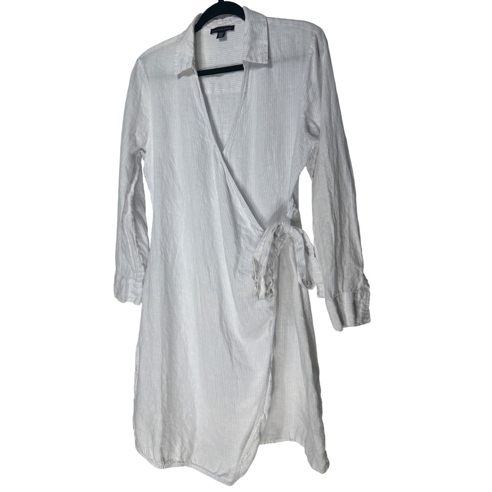 Saks Fifth Avenue Linen Blend Wrap Dress Blue White Pinstripe Mini Long Sleeve L